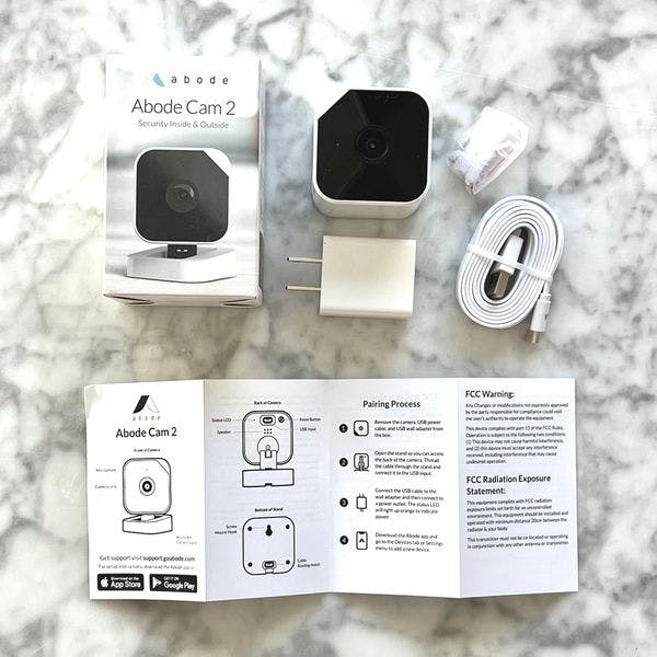 Abode indoor camera, power plug, box, and installation guide